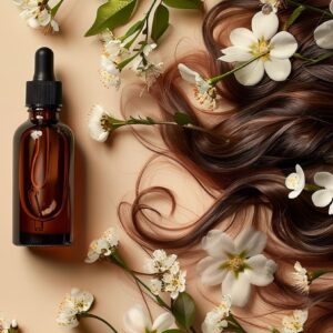Bouteille d'huile essentielle entourée de cheveux brun foncé et de fleurs blanches sur un fond beige.