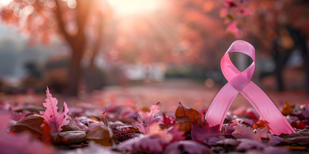 Ruban rose de sensibilisation au cancer du sein posé sur des feuilles d’automne, symbolisant Octobre Rose et la nature.