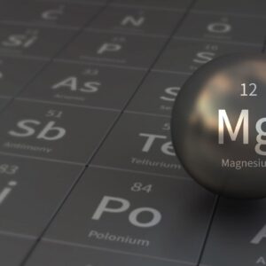 Représentation 3D du magnésium sur la table périodique des éléments avec une sphère indiquant l'élément Mg.