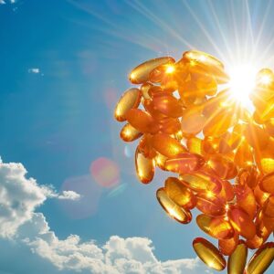 Un cœur formé de capsules dorées de vitamine D éclairé par les rayons du soleil, sur un fond de ciel bleu parsemé de nuages blancs.